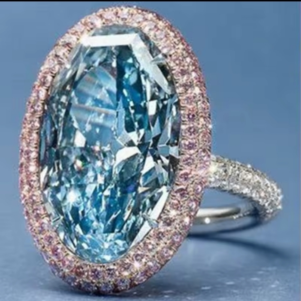Big Oval Blue Cubic Zirconia Ring Gorgeous Paved Pink CZ